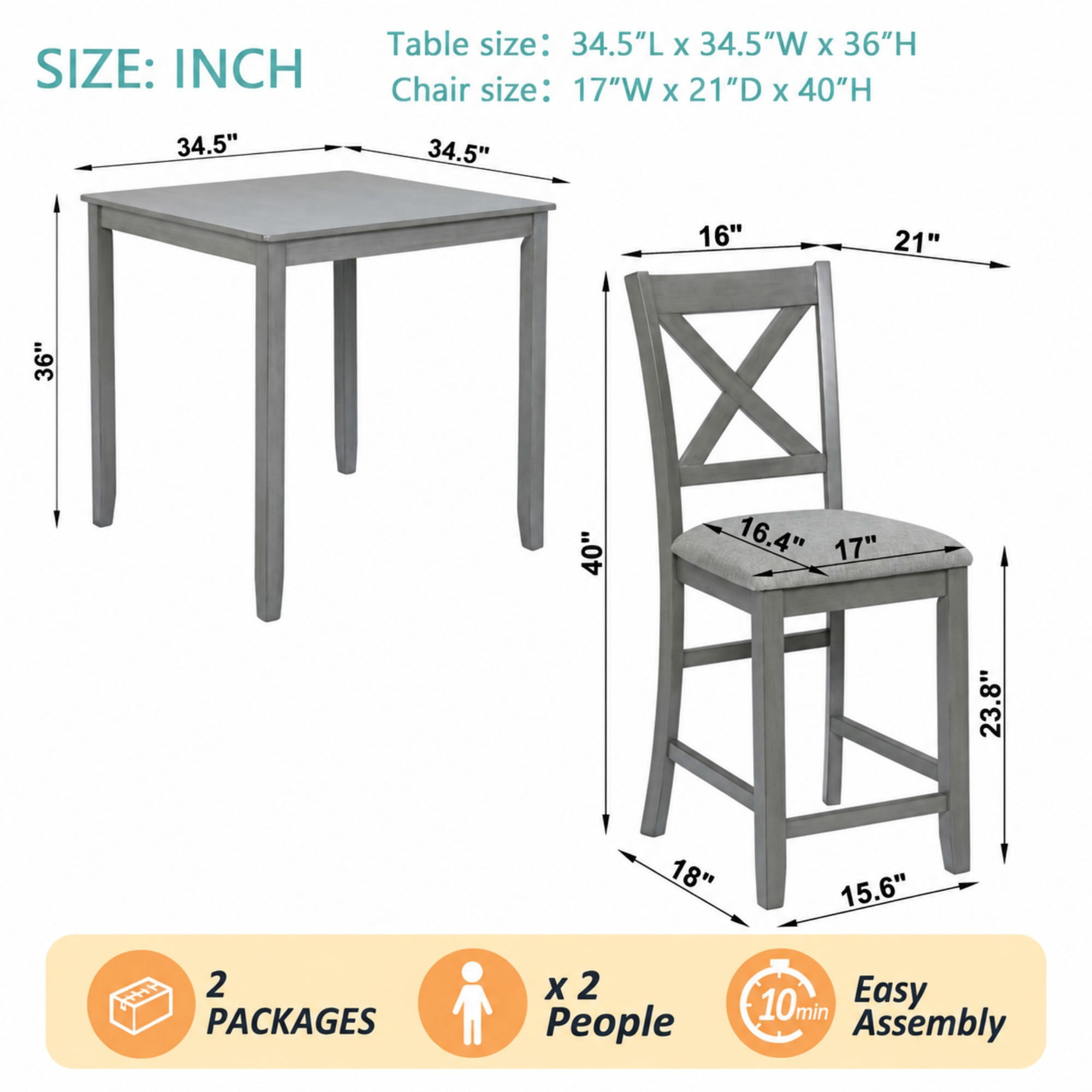 BSHTI 34.5" Acacia Wood 5-Piece Counter Height Dining Table Set with Fabric Upholstered X-Back Chairs for Kitchen Dining Room（Gray）