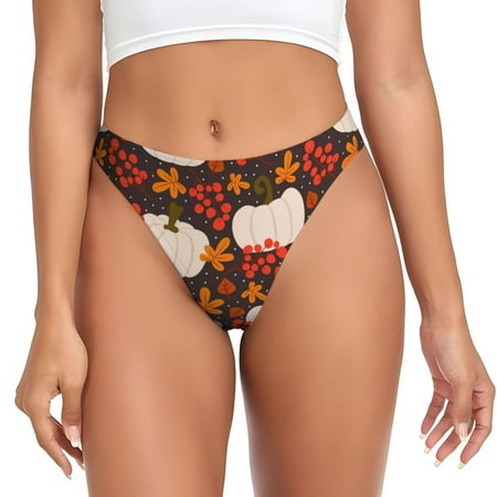 Qokaie Autumn White Pumpkin Printed Women s Cotton Thong Underwear  Sexy Breathable Panties G-string-Small