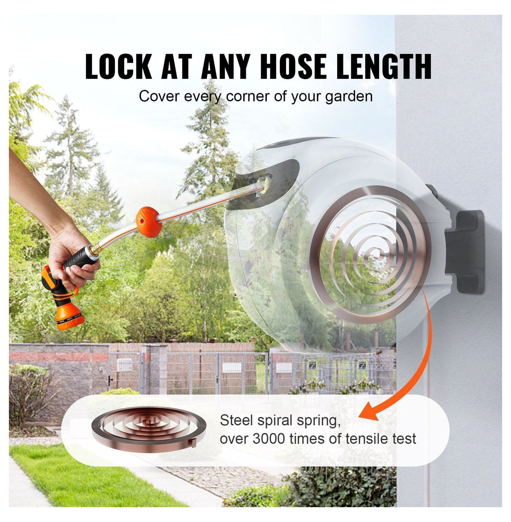 Hose Reel Retractable 65ft Water Hose Reel Wall Mounted 180° Swivel Heavy Duty Garden Hose Reel Kit for Yard Lawn Irrigation Outdoor Use
