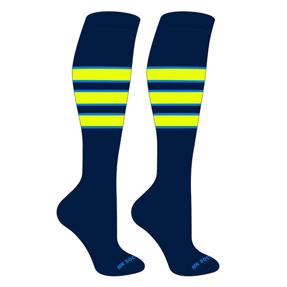 MK Socks Striped OTC Baseball, Softball, Football Socks (C) Navy, Neon Blue, Neon Yellow (S)