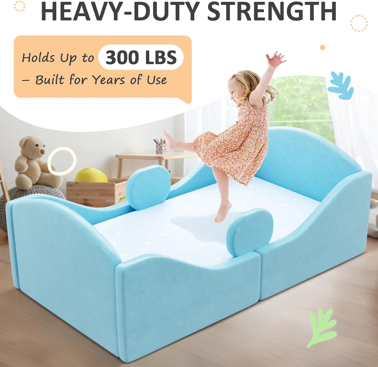 Toddler floor bed with removable safety rails, suitable for both boys and girls, standard crib size, soft-padded safety mattress, low-profile design (Blue).