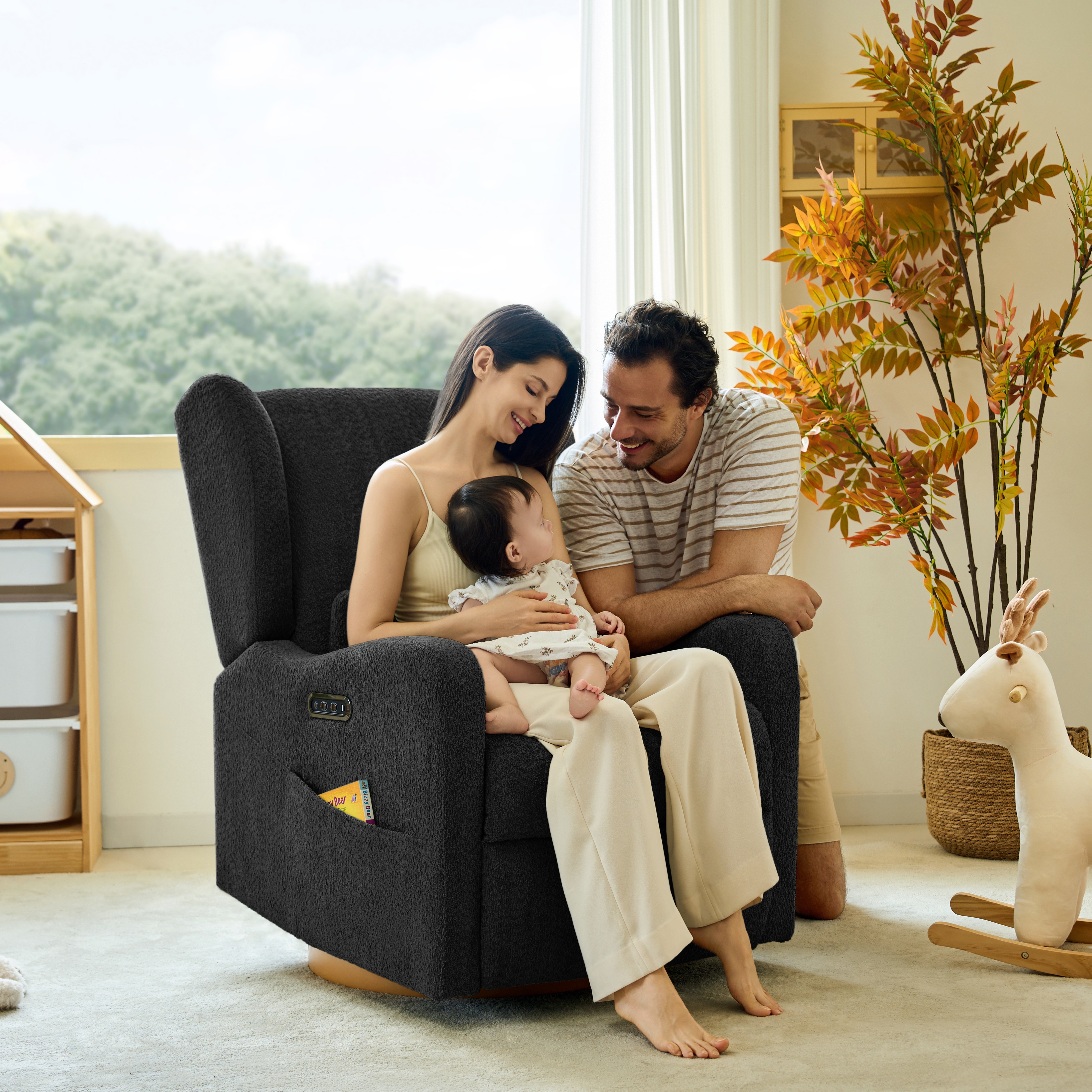 Tina's Home Electric Power Glider Swivel Nursery Recliner Chair Wingback with USB, Waterproof Stain-resistant for Baby Feeding & Living Room Black