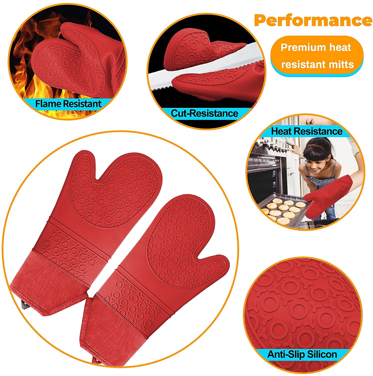 HOMWE Extra Long Professional Silicone Oven Mitt, Oven Mitts with Quilted  Liner, Heat Resistant Pot Holders, Flexible Oven Gloves, Red, 1 Pair, 14.7