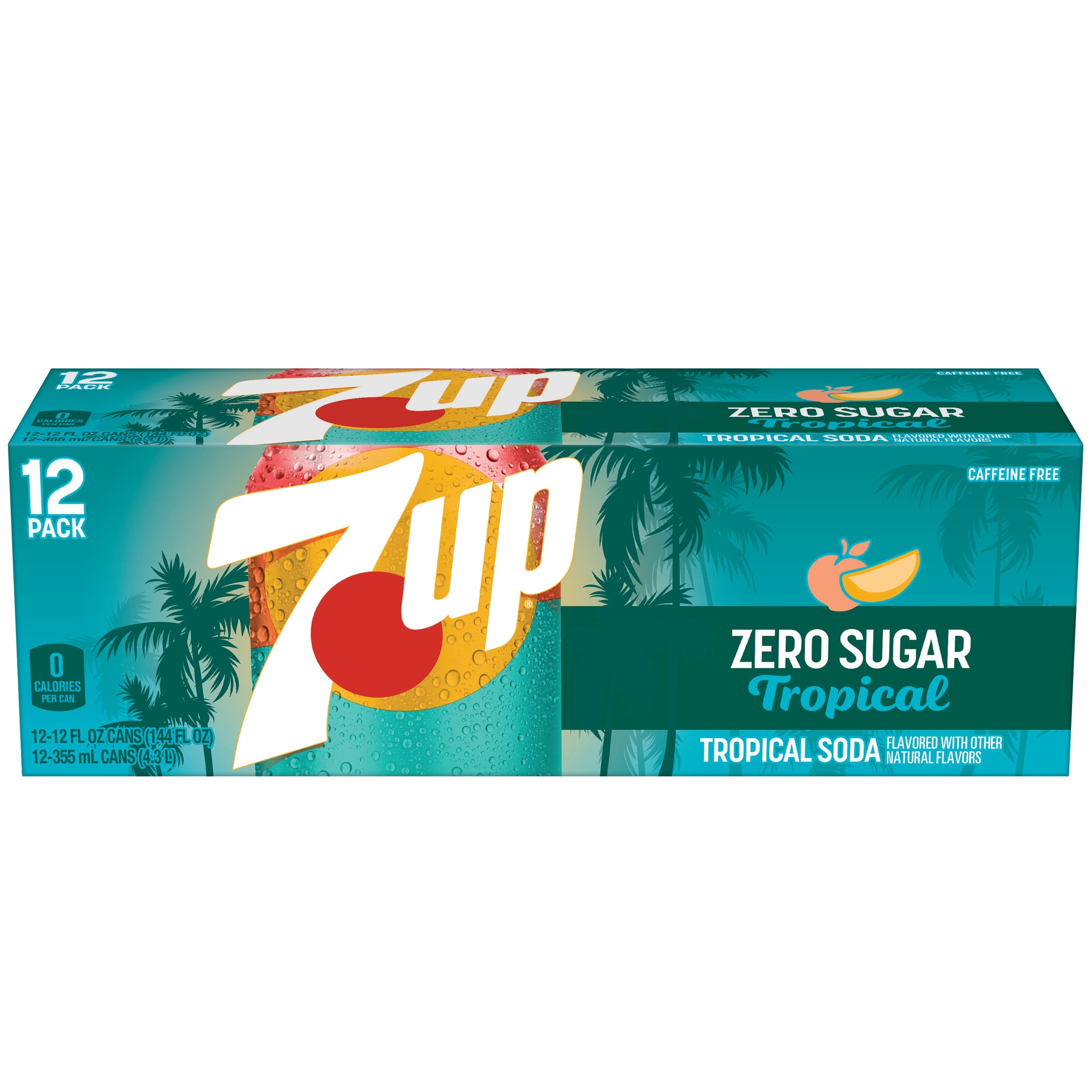 7UP Tropical Zero Sugar Caffeine Free Lemon Lime Mango Peach Soda Pop, 12 fl oz, 12 Pack Cans