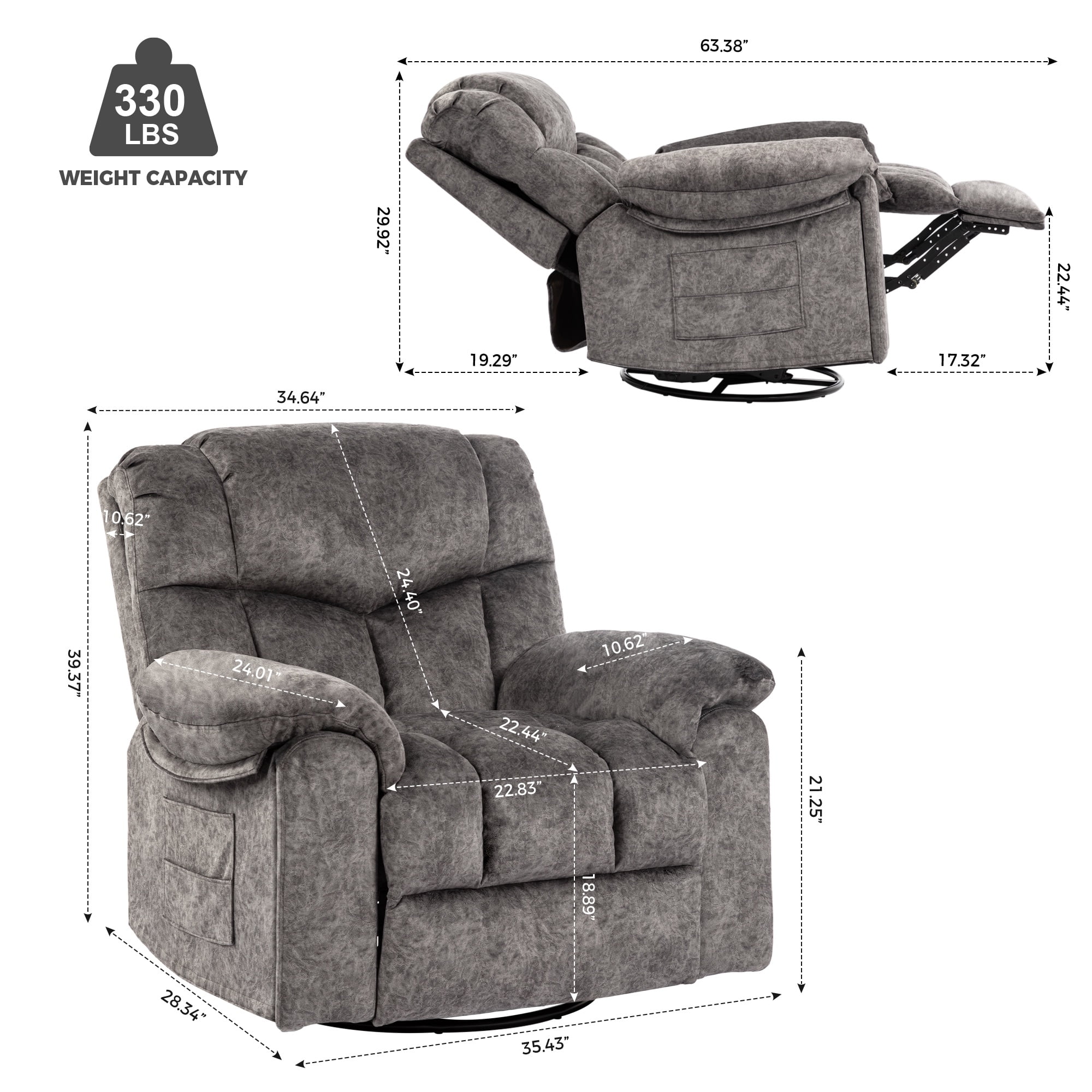 Swivel Rocker Recliner, Legahome 360° Glider Rocking Nursery Recliners, Manual Recliner Chair with Massage and Heat, Home Theater Recliner with Cup Holder, 24.4in Wide Seat, Gray