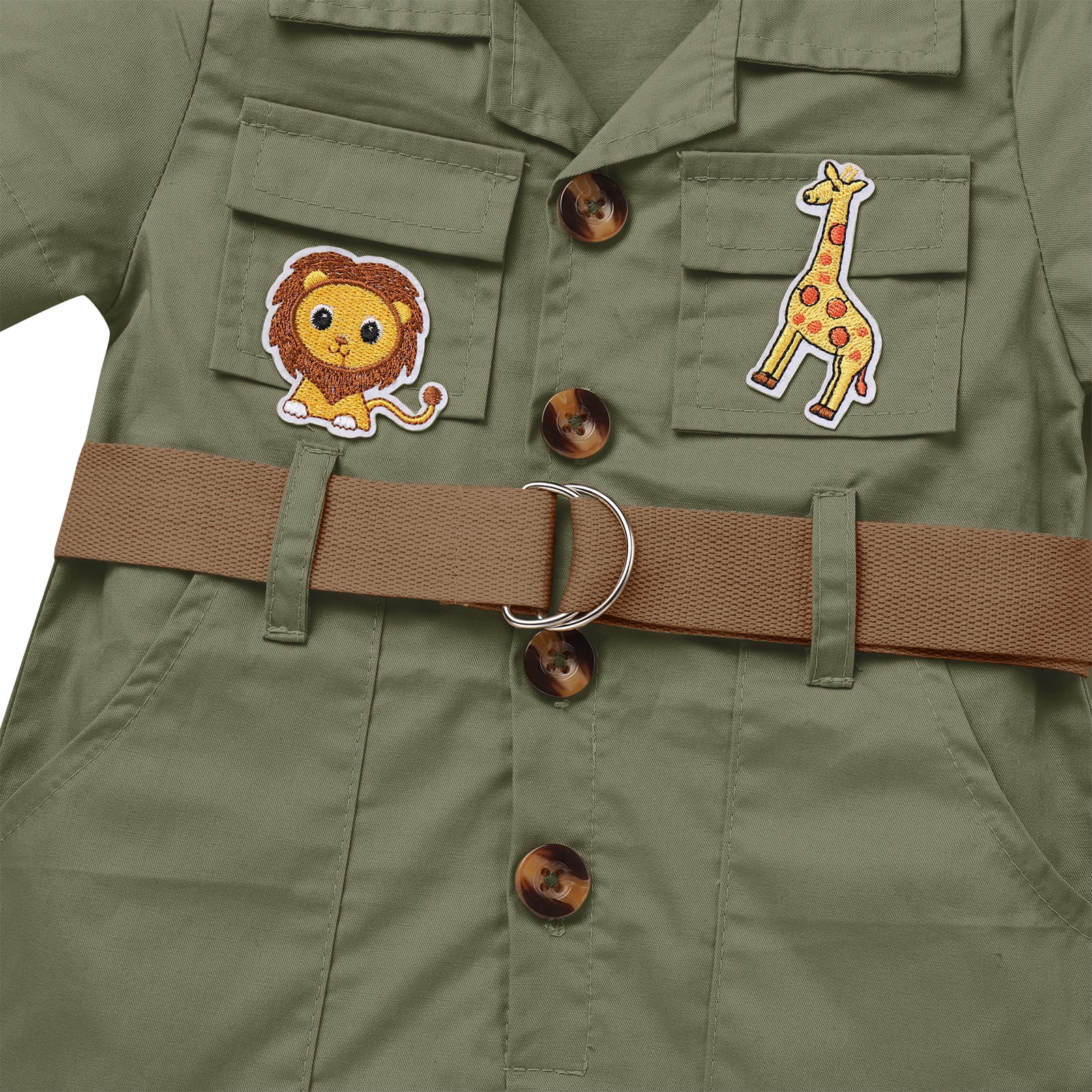 IBTOM CASTLE Toddler Baby Boys Girls Lion Giraffe Birthday Outfit One Piece Romper Jumpsuit with Belt and Hat Jungle Safari Cake Smash Clothes 18-24 Months Army Green