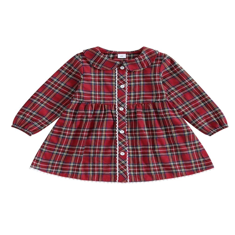 Robe de Noël pour Tout-Petit Fille, Manches Longues, Imprimé à Carreaux, Robe Princesse Trapèze