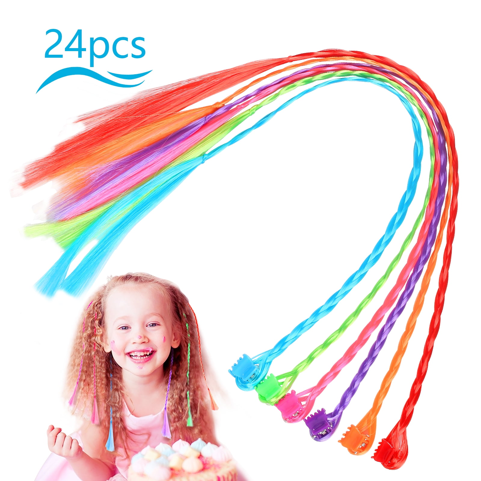 33cm Aipaide 24Pieces Nylon Braided Hair colorful Clip-on Braided Hair kids Nylon Hair Braid Extensions Attachments with Neon Clip Snaps for kids children 12 colors