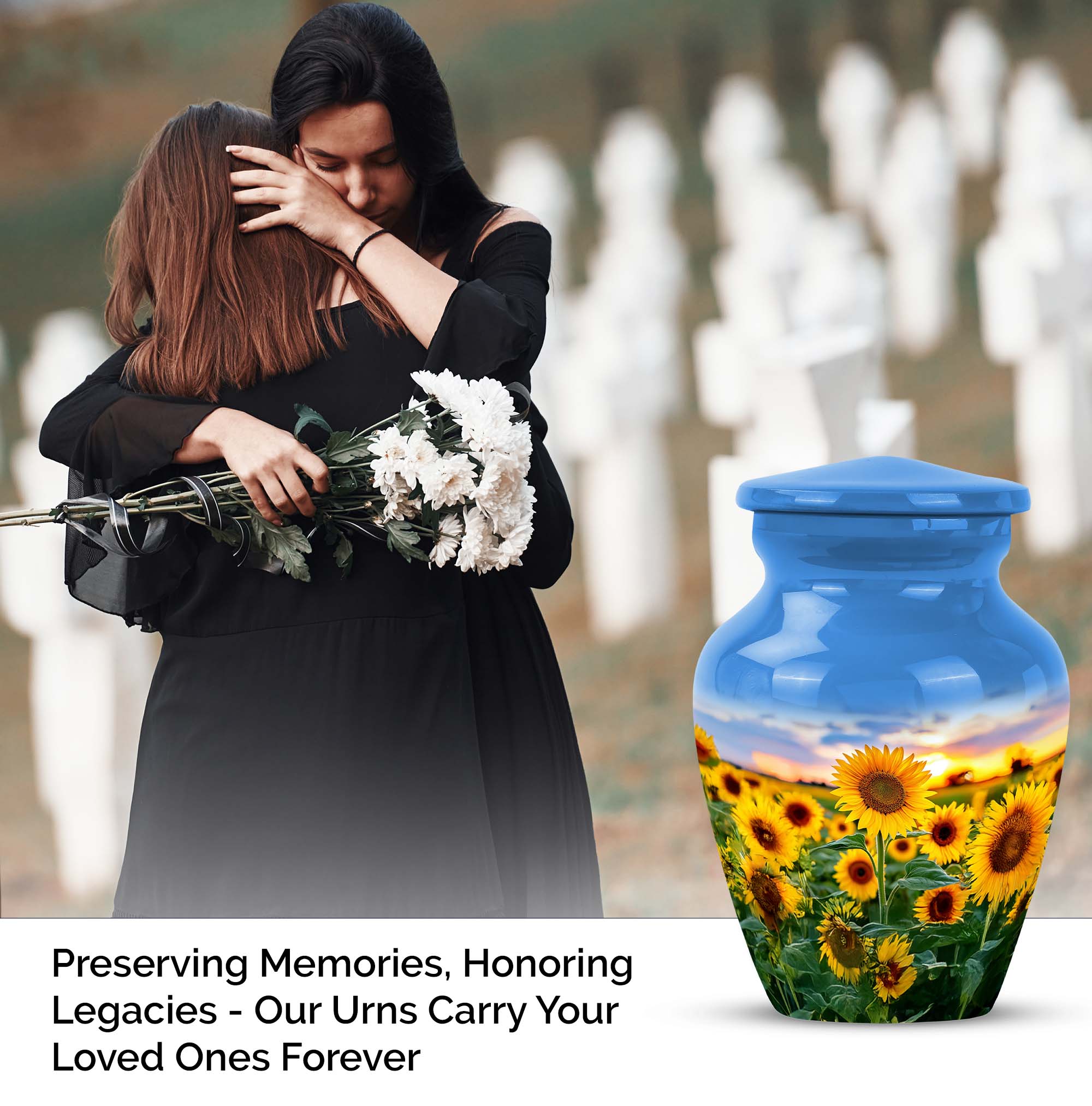 Sunflower Memorial Urn For Adult Women - Keepsake Urns For Human Ashes Adult Man - 10 Inch Funeral Cremation Urns For Mom, Blue Urn For Human Ashes For Female Set Of 4, 3 Inch Small