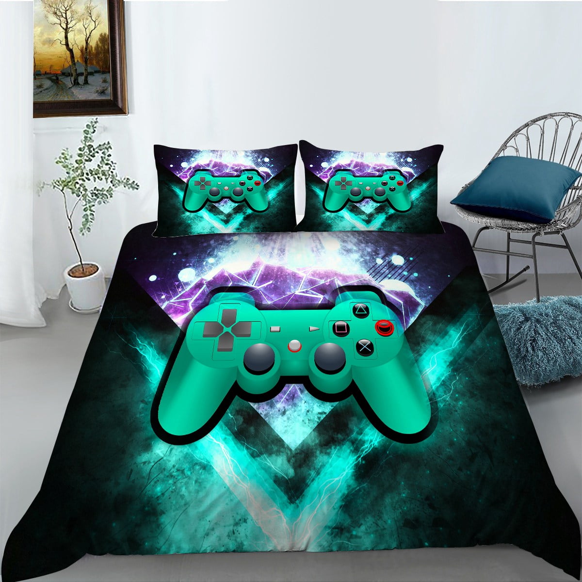 Gamer Bedding Set，Kids Boys Game Room Decor Gaming Comforter Cover Set