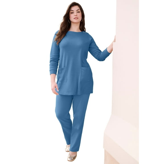 Roaman's Women's Plus Size Snap Button Boatneck Soft Knit Tunic