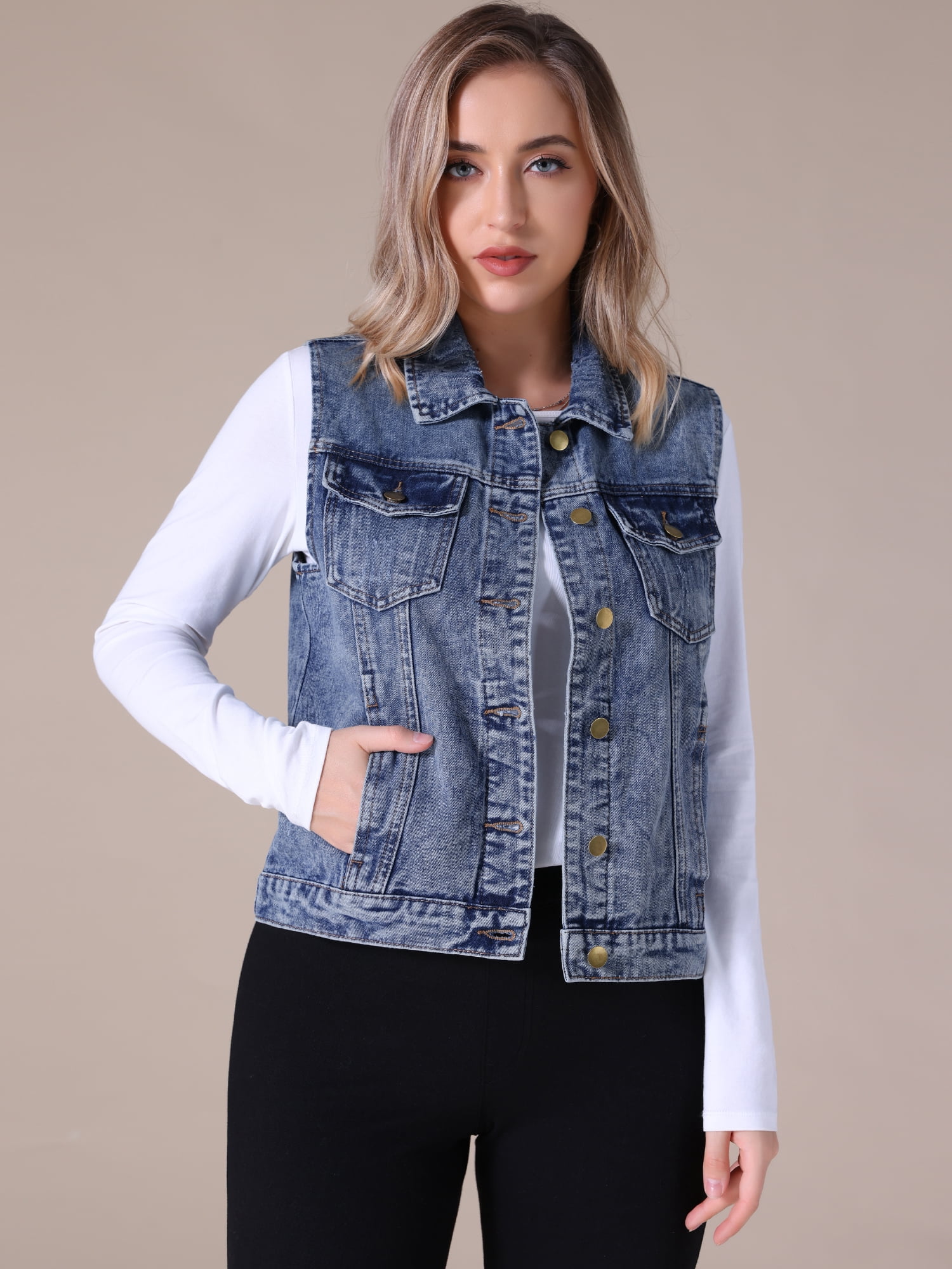 DARING DIVA Womens Denim Vest Button Down Jacket Sleeveless Jean Jacket M Gray Blue