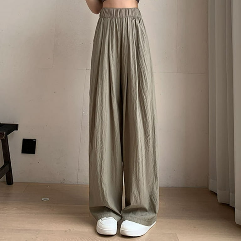 JWZUY Casual Solid High Waist Tie Front Wide Leg with Pockets Office Flowy  Pants Beige S 