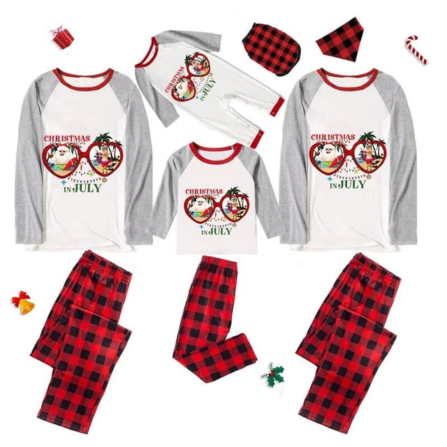 Pijamas familiares navideños a juego, conjuntos de pijamas a cuadros blancos y negros, gafas de sol, Navidad en julio