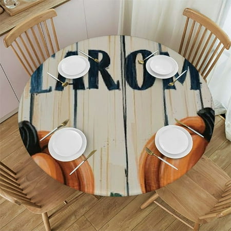 

Sheronv Pumpkins Leaves Wooden Background Round Tablecloth Stain-Resistant Washable 100% Polyester Table Cover Thanksgiving 31 -35