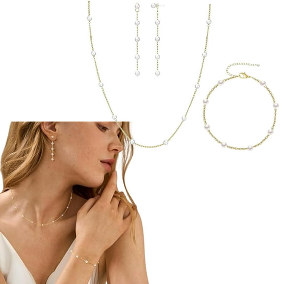 3-Piece Elegant Pearl Set, Hypoallergenic Gold Plated Necklace, Bracelet, Earrings, Adjustable Chain, Luxury Daily Wear Jewelry for Bride & Bridesmaids