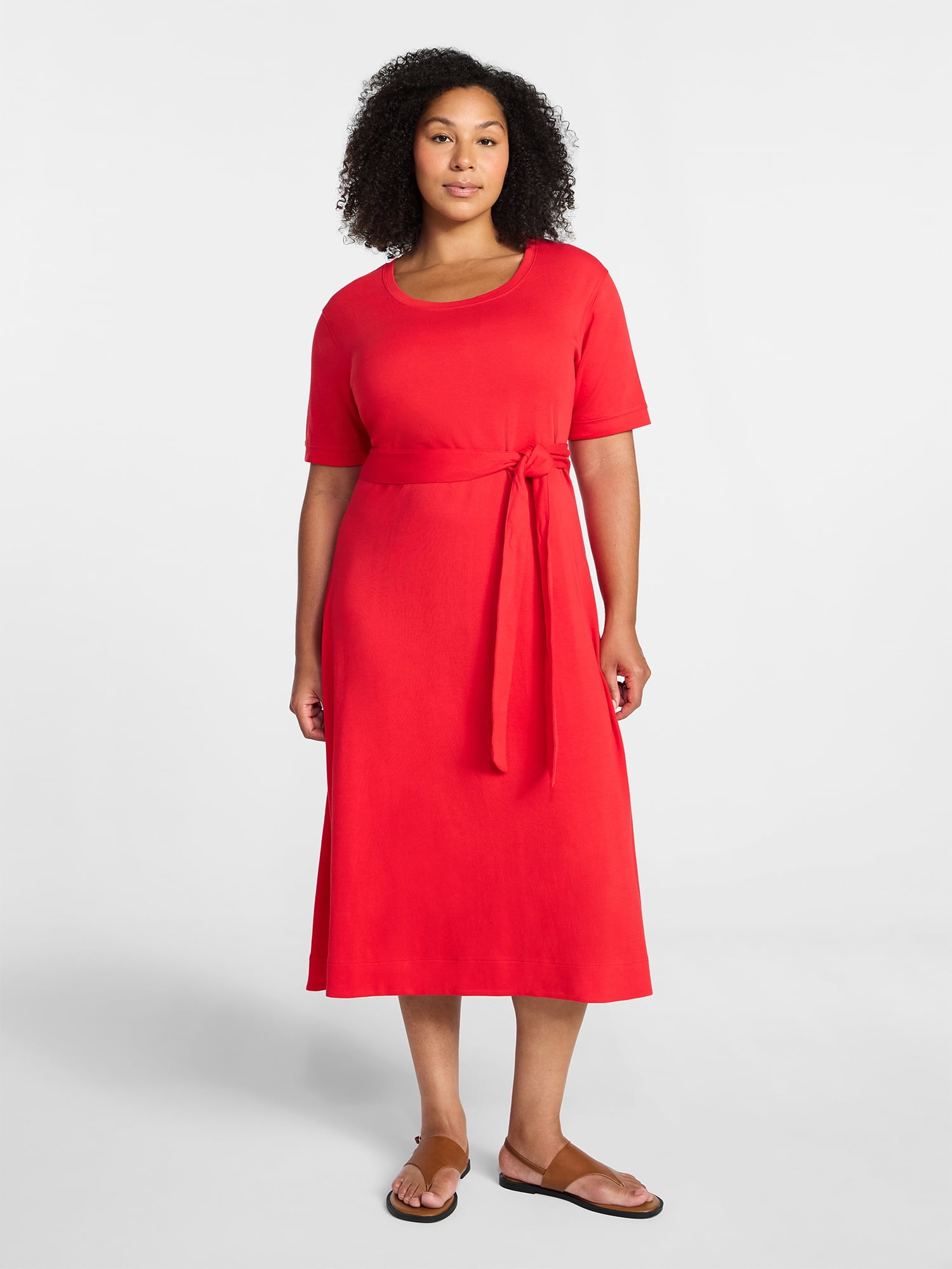 Time and Tru Women's Knit Midi Dress with Tie Belt, Sizes XS-XXXL