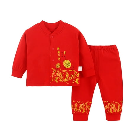 

Binhe Long Sleeve Red Text Print Buttons Top + Solid Colour Elasticated Waistband Pants Baby Boy New Year s Outfit for Boys or Girls Comfortable and Stylish for Fall Winter Indoor and Outdoor Wear