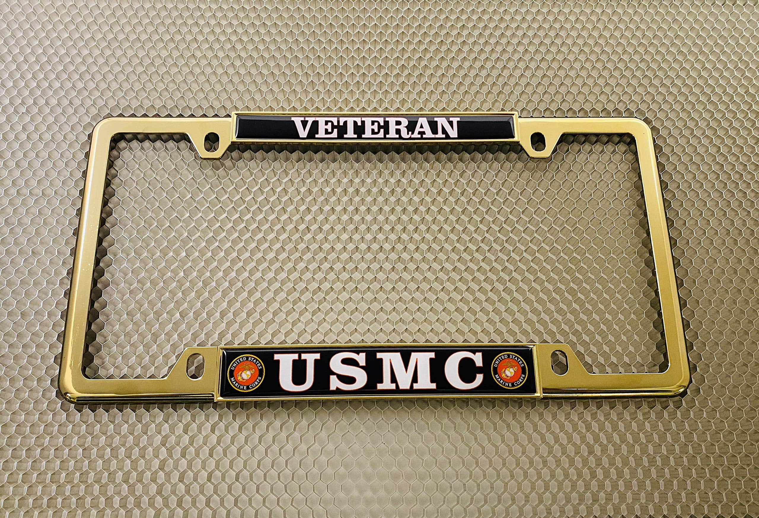 [Officially Licensed US Marine Corps Product] - USMC Veteran - Domed Custom-Made Personalized Narrow (Thin) Top 4 Hole Metal Car License Plate Frame with Free caps - Gold Frame (Qty: 1)
