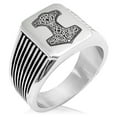 thumbnail image 1 of Stainless Steel Thor's Hammer Mjolnir Knot Viking Norse Needle Stripe Pattern Biker Style Polished Ring, 1 of 1