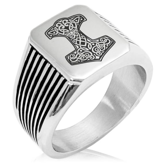 Stainless Steel Thor's Hammer Mjolnir Knot Viking Norse Needle Stripe Pattern Biker Style Polished Ring