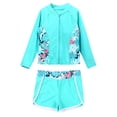 thumbnail image 3 of YONGHS Girls 2 Pcs Swimsuit Summer Floral Printed Long Sleeve Swim Top with Boyleg Shorts Suit Zipper Leaf 14, 3 of 7