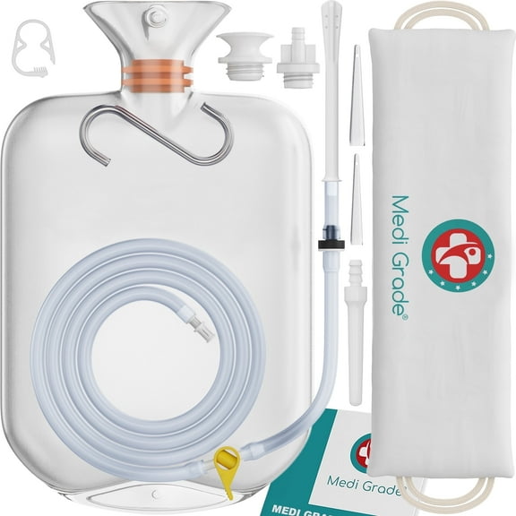 Medi Grade Cleansing Kit for Adults, 0.53 Gal Capacity – Transparent Reusable Bag with One-Way Valve, 4 Tips, and 5.9 ft Hose – Gentle Personal Hygiene System for Home Use