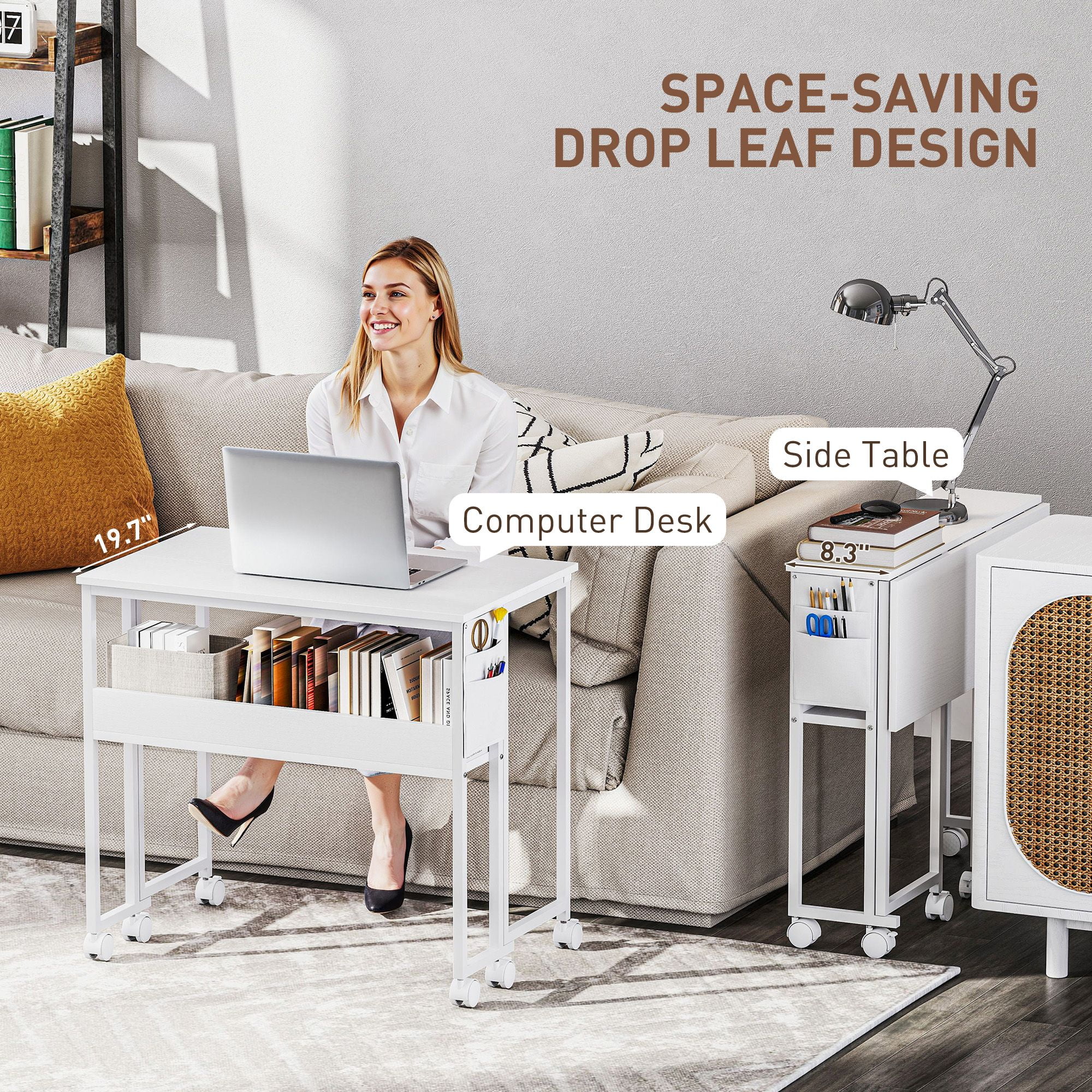 Drop Leaf Rolling Computer Desk, Foldable Depth 19.7" to 8.3" Mobile Writing Table with Open Shelf & Side Storage Bag, 6 Swivel Casters 110lbs Capacity for Small Spaces