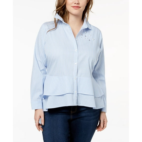 Almost Famous Trendy Plus Size Cotton Embellished High Low Peplum Shirt Chambraywhite 3X