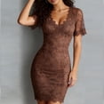 thumbnail image 2 of Morttic Women's Sexy Deep V-Neck Lace Trim Short Sleeve Bodycon Mini Dress – Solid Color Party & Vacation Outfit Light Brown，S, 2 of 4