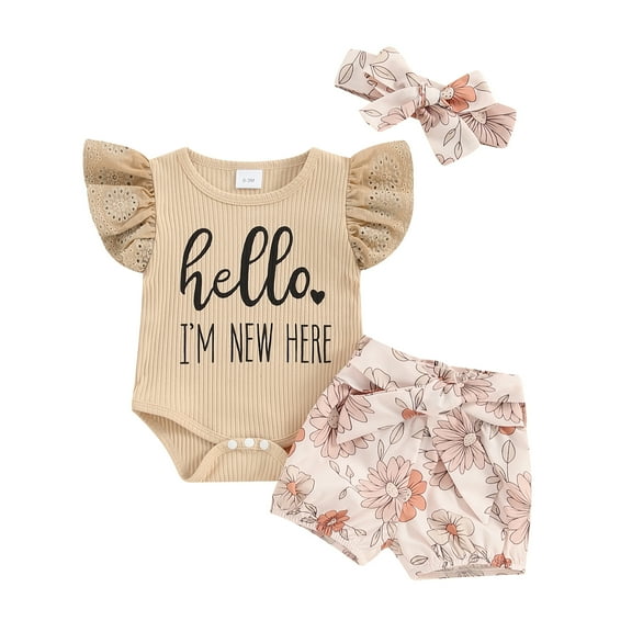 Bagilaanoe 3pcs Newborn Baby Girl Shorts Set Fly Sleeve Letter Print Romper Tops Flower Shorts Hairband 3M 6M Infant Casual Summer Clothes