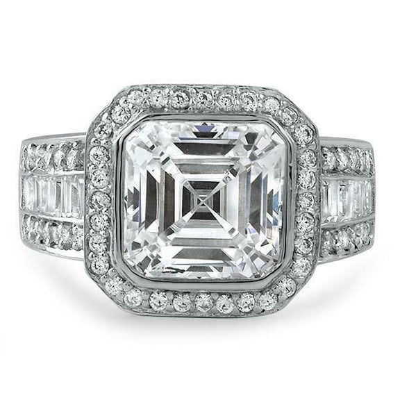 HeartsAndYou 4ct Asscher Cut Moissanite Engagement Ring for Women Halo Fancy Solitaire 18k White Gold over Silver