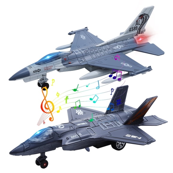 Double Fighter Jet Toy, F35 & F16 Diecast Planes with Lights & Sounds, Pull Back Military Airplane Toy Models, Great Gift for Toddler,Kids, Boys