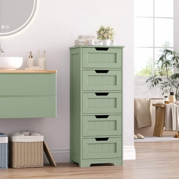 Homfa Modern Bathroom Cabinet, Free Standing Storage Cabinet with 5 Drawers Organizer Unit for Living Room Bedroom, Green