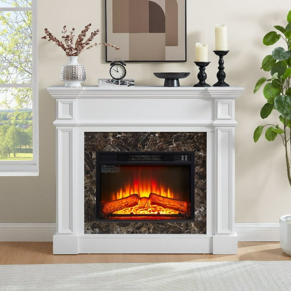 Electric Fireplace with Mantel, Fireplace Mantel, Fireplace Heater Freestanding, Realistic Stacked Stone Surround with Remote Control Timer LED Flame, White
