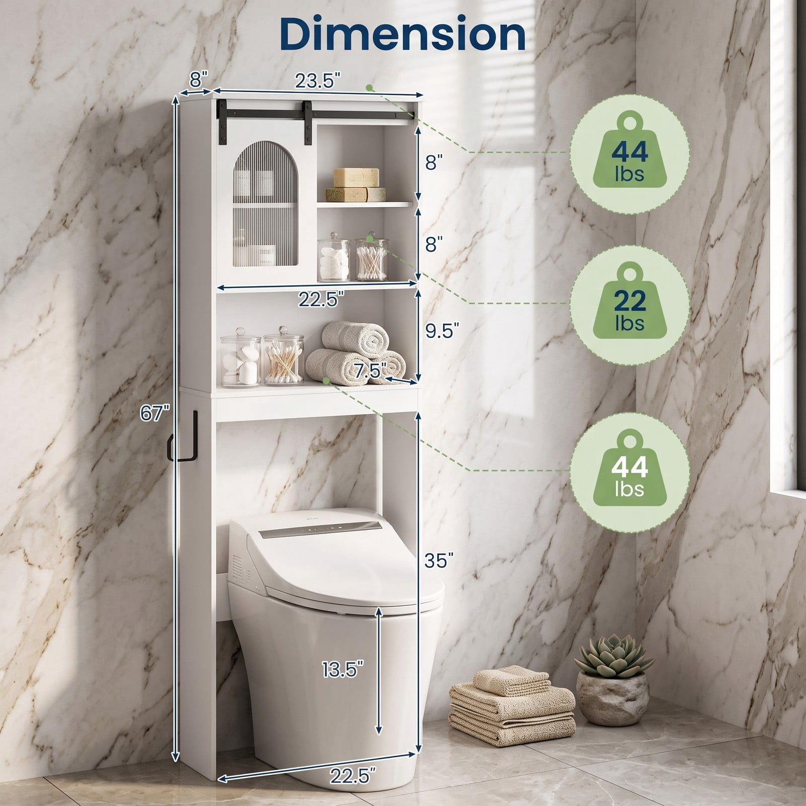Fenbeli Over The Toilet Storage Cabinet with Sliding Barn Door and Open Shelves, Farmhouse Bathroom Space Saver Organizer Over Toilet Rack with Side Hooks, White