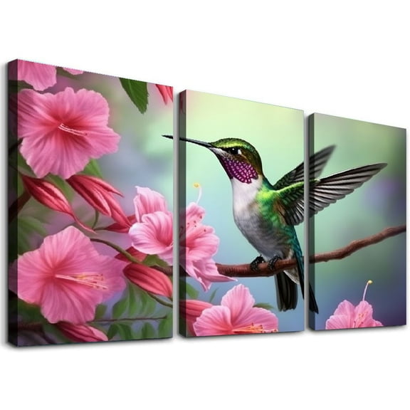 Shadudu Hummingbird Flowers Tree Branch Canvas Wall Art Triptych for Living Room Bedroom Office Decor 12"x16"x3pcs