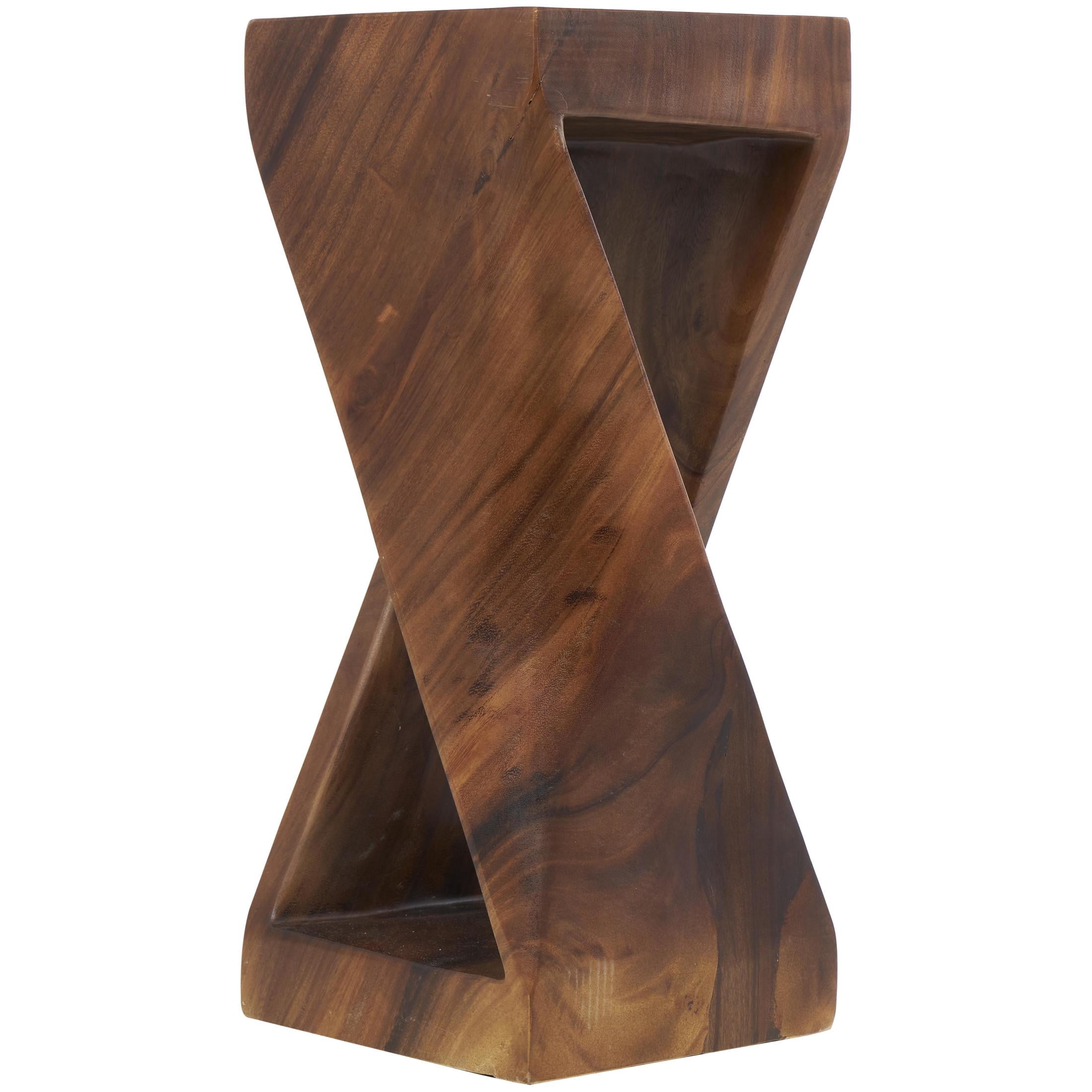 DecMode 12" x 30" Brown Suar Wood Handmade Geometric Accent Table with Spiral Base, 1-Piece