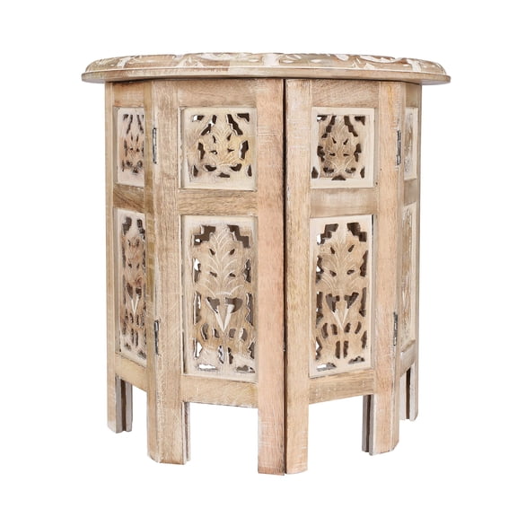 The Wooden Town Carved Wood Round End Table – 18" Accent Side Table for Living Room, White Washed Small Coffee Table, Handcrafted Altar Table, Solid Wood Design