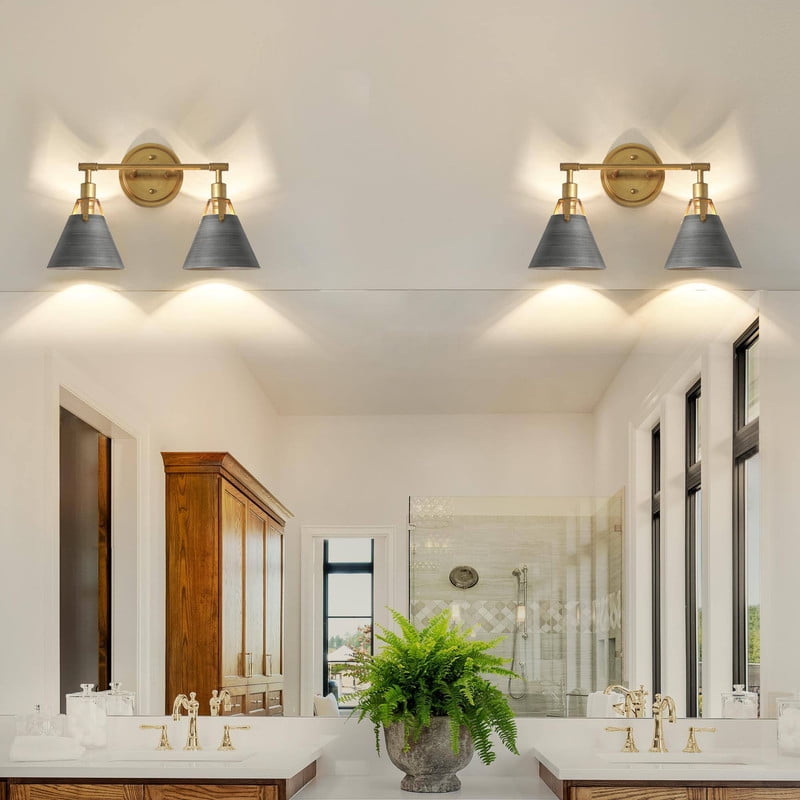 LNC 15.5-in 2-Light Brushed Gray and Gold Bell LED Modern Vanity Light for Bathroom