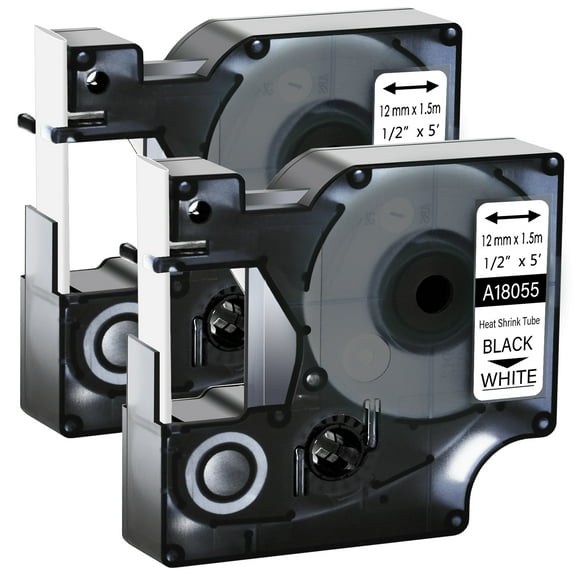 GREENCYCLE 2PK Industrial Rhino Heat Shrink Tubes Compatible for DYMO 18055 12mm 1/2" Black on White Cable Label Tape