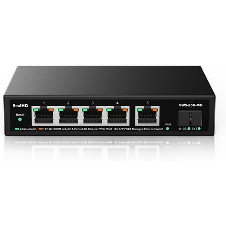 5 Port 2.5GB Web Managed Ethernet Network Switch | 5 x 2.5 Gigabit | 1 x 10Gb SFP  | Multigig Switch 10-100-1000Mbps | 45G Bandwidth | Fanless Metal Internet Switch | NOT Support VPN