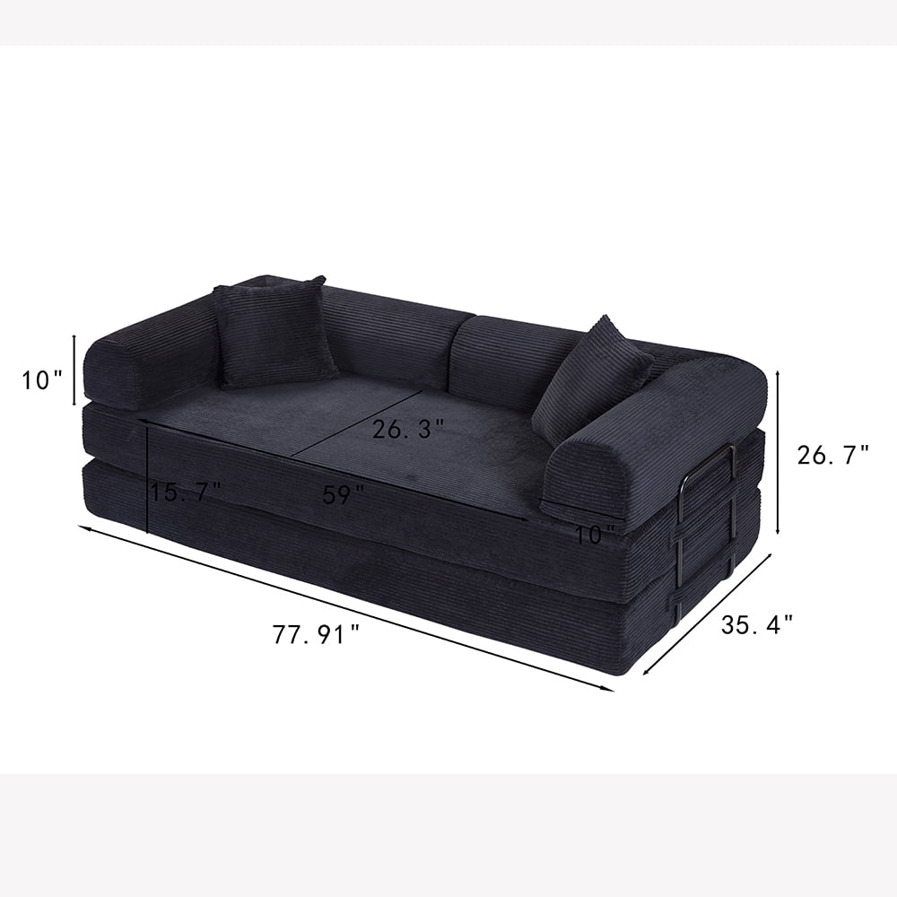 Miniyam 2 in 1 Black Sleeper Sofa Floor Couch with 2 Cylindrical Pillow Cloud Corduroy Foldable Mattress Couch with Fixed-Shape Frame 3 Seat, 78 W x 35.4 L x 26.7 H