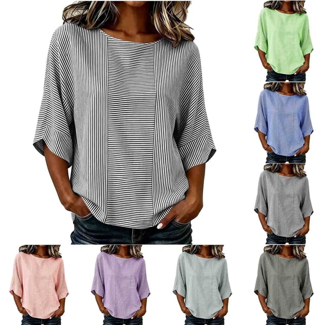 Neewe Women's Casual 3/4 Sleeve T Shirts Round Neck Tunic Blouses Color Block Basic Tee Tops Loose Fit Summer Shirt