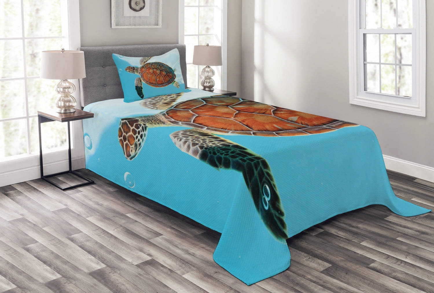 Turtle Bedspread Set, Endangered Species Sea Animal in Tropic Caribbean
