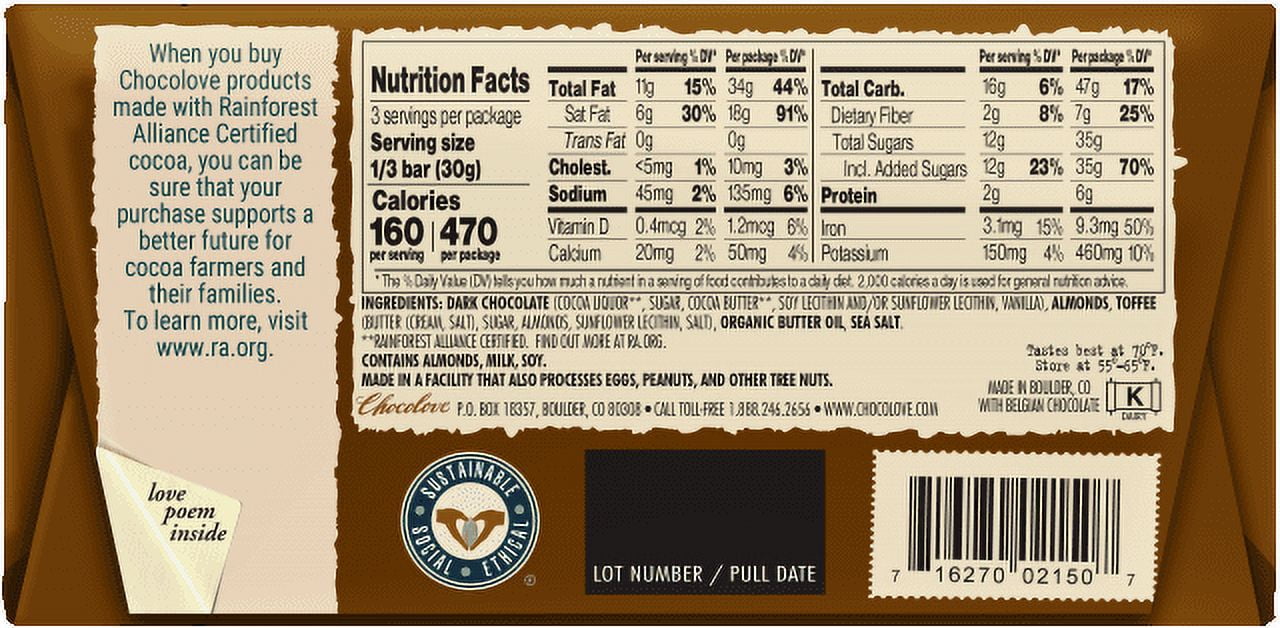 Pack of 12, Chocolove Almonds, Toffee & Sea Salt in Dark Chocolate, 3.2 oz