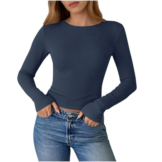 ShomPort Womens Lightweight Crop Tops Long Sleeve Crewneck Elastic Slim Pullover T-Shirts Solid Color Breathable Comfy Base Layer Blouses