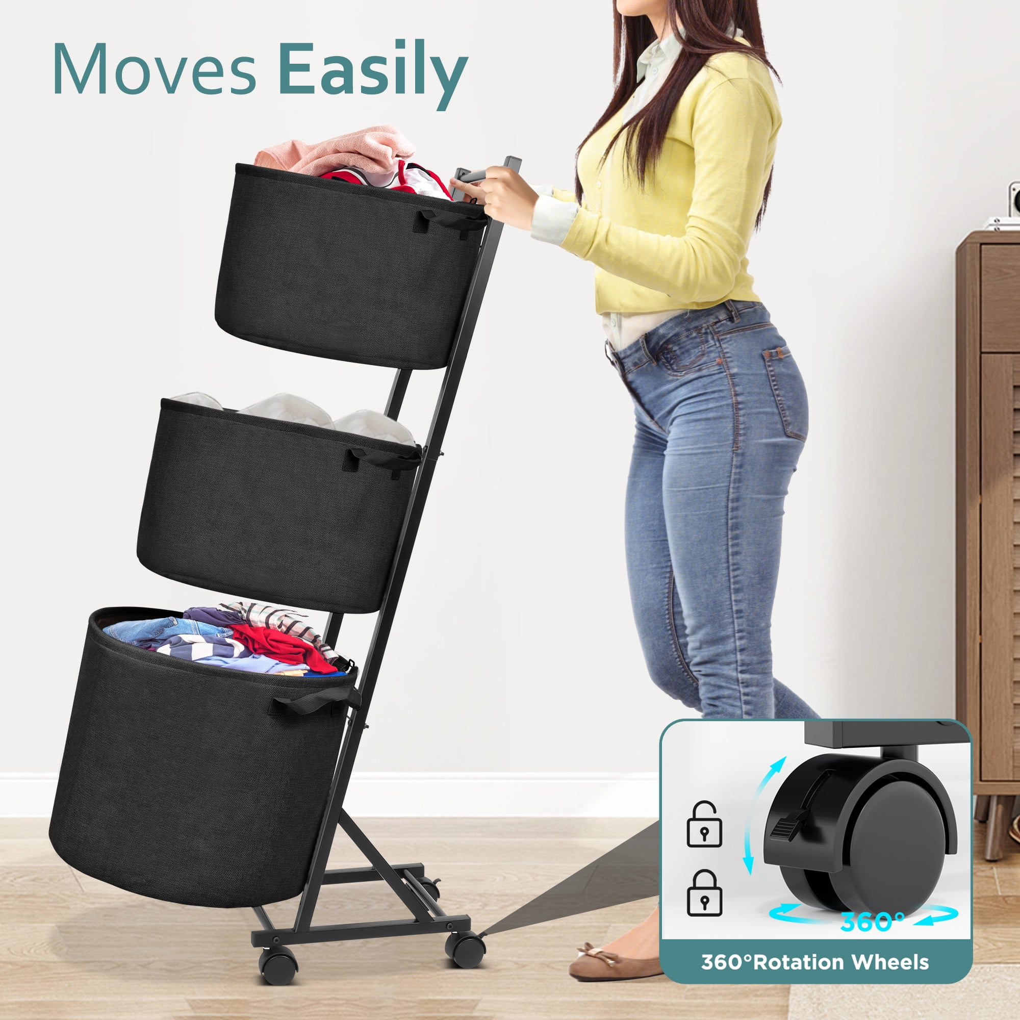 YOUPINS 3-Tier Laundry Hamper Sorter,Laundry Storage Organizer with Wheels Removable Rolling Laundry Baskets for Home,Bathroom,Dorm,Laundry Room,Black
