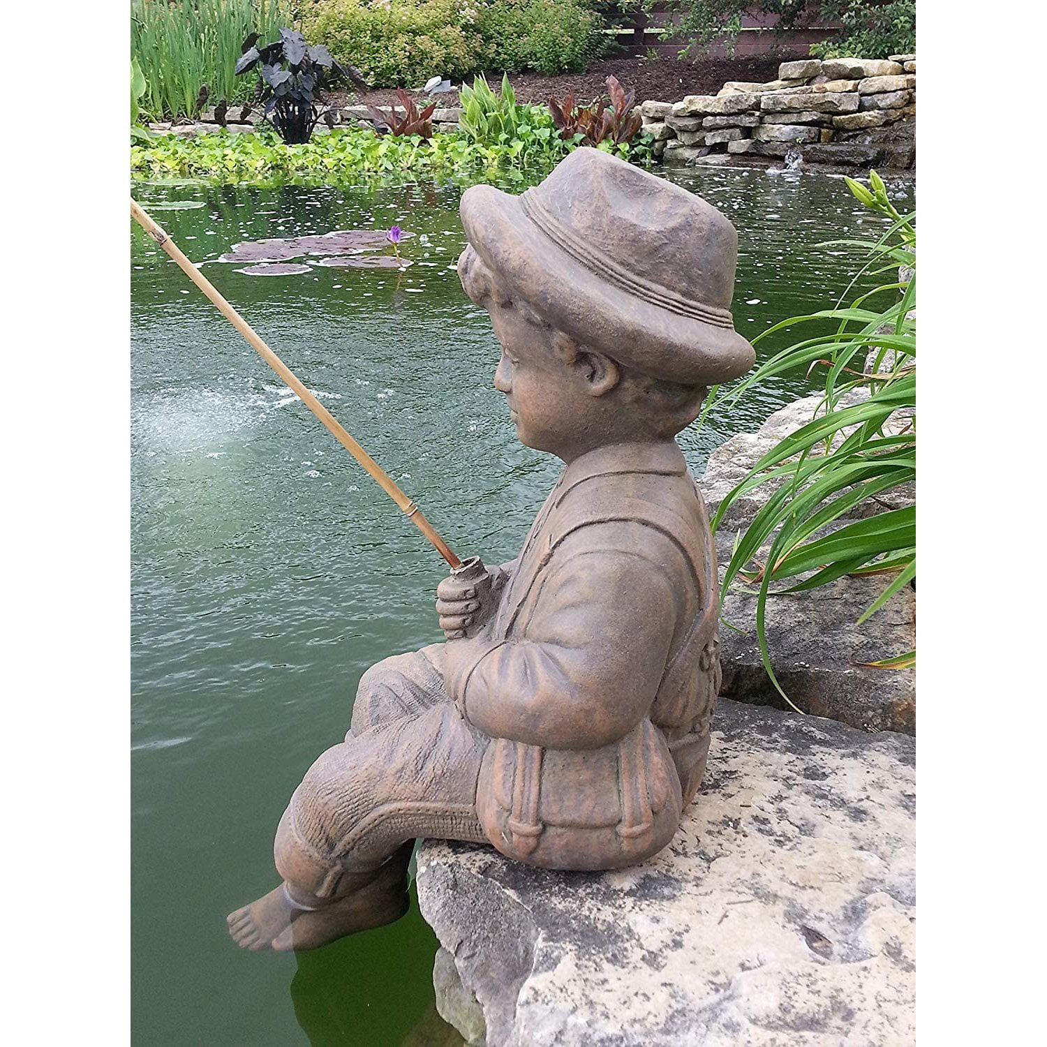 Fishing Boy Cast Stone Statue - Pond and Garden Decor Accent Sculpture -  Great Garden Gift Idea!, Quality, hand-crafted cast stone statue. 