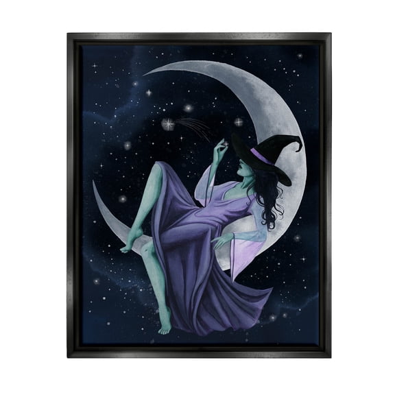 Stupell Industries Witch Relaxing Crescent Moon Painting Jet Black Floating Framed Canvas Print Wall Art, Design by Grace Popp